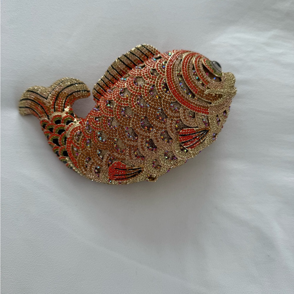Gold and Orange Rhinestone Fish-Shaped Clutch